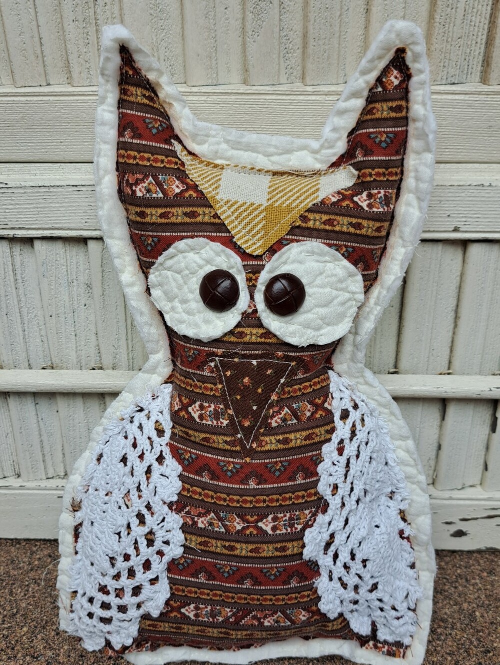 Handmade Owl Plush Pillow - Brown Pattern with White Crochet Wings (G)